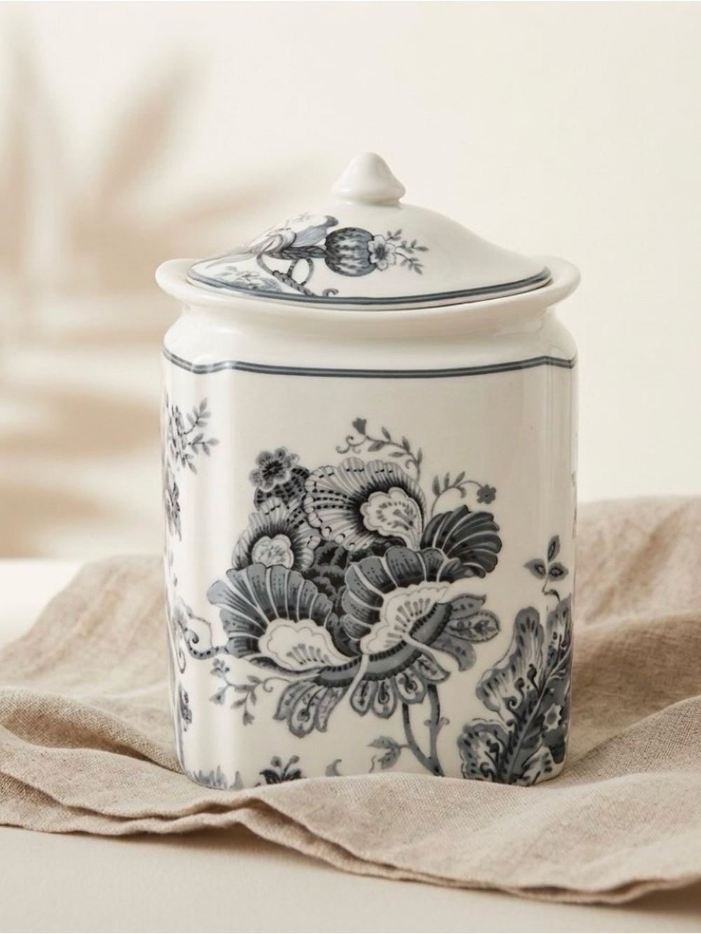Vintage Style 222 Fifth Adelaide Grayish Blue & White Toile Floral Lidded Canist